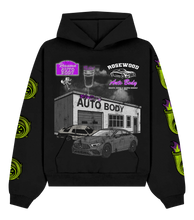 Load image into Gallery viewer, Chiefin “Rosewood Autobody” Black Hoodie

